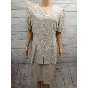 Plaza South Dress Front Corset Style  Beige Embriodery Zip Linen blend Sz 12